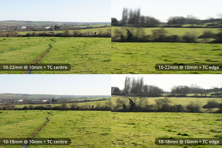 Centre and edge crops for comparison taken with EF-S 10-22mm and 10-18mm lenses converted to EF mount on full frame camera with Kenko C-AF 1.4x DGX Teleconverter at 10mm