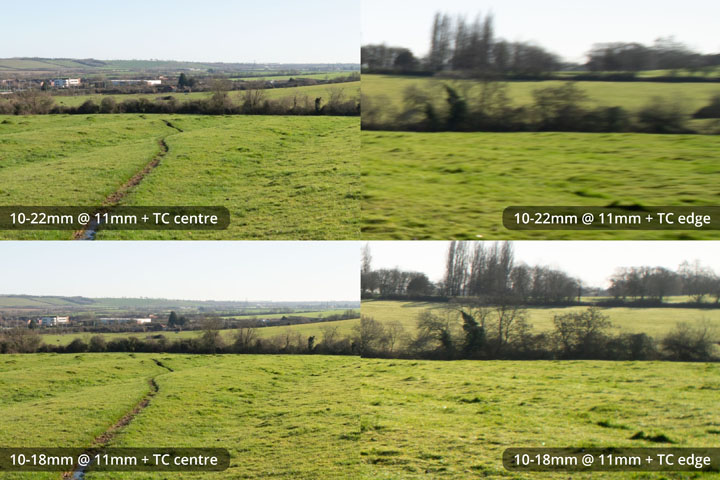 Centre and edge crops for comparison taken with EF-S 10-22mm and 10-18mm lenses converted to EF mount on full frame camera with Kenko C-AF 1.4x DGX Teleconverter at 11mm