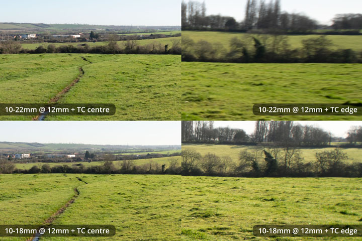 Centre and edge crops for comparison taken with EF-S 10-22mm and 10-18mm lenses converted to EF mount on full frame camera with Kenko C-AF 1.4x DGX Teleconverter at 12mm