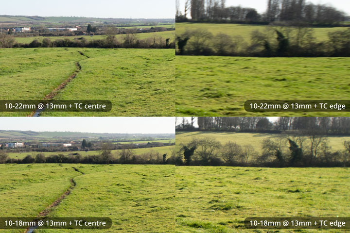 Centre and edge crops for comparison taken with EF-S 10-22mm and 10-18mm lenses converted to EF mount on full frame camera with Kenko C-AF 1.4x DGX Teleconverter at 13mm