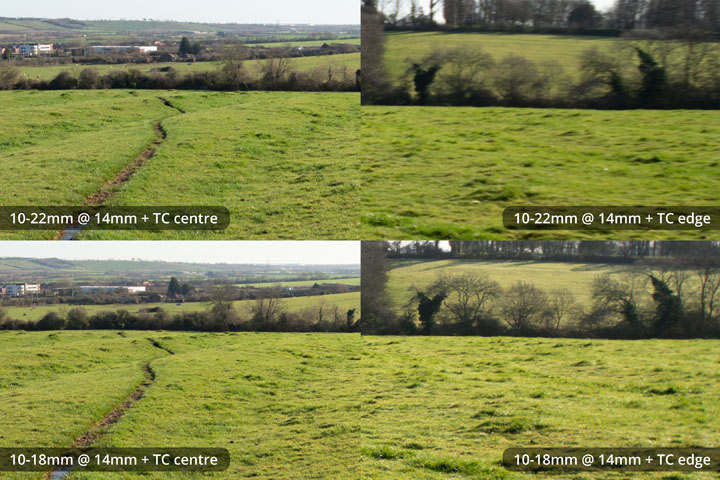 Centre and edge crops for comparison taken with EF-S 10-22mm and 10-18mm lenses converted to EF mount on full frame camera with Kenko C-AF 1.4x DGX Teleconverter at 14mm