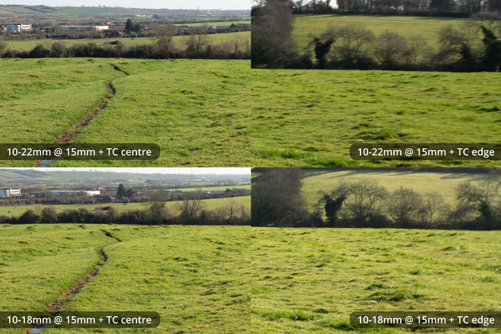 Centre and edge crops for comparison taken with EF-S 10-22mm and 10-18mm lenses converted to EF mount on full frame camera with Kenko C-AF 1.4x DGX Teleconverter at 15mm