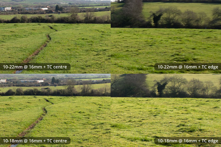 Centre and edge crops for comparison taken with EF-S 10-22mm and 10-18mm lenses converted to EF mount on full frame camera with Kenko C-AF 1.4x DGX Teleconverter at 16mm