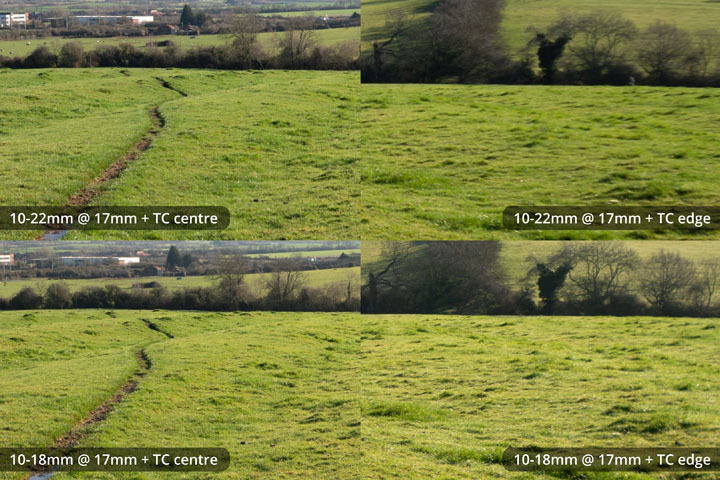 Centre and edge crops for comparison taken with EF-S 10-22mm and 10-18mm lenses converted to EF mount on full frame camera with Kenko C-AF 1.4x DGX Teleconverter at 17mm