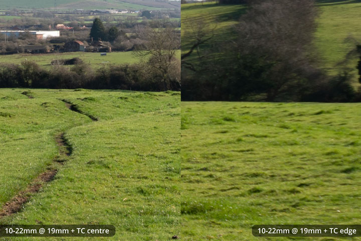 Centre and edge crops taken with EF-S 10-22mm lens converted to EF mount on full frame camera with Kenko C-AF 1.4x DGX Teleconverter at 19mm