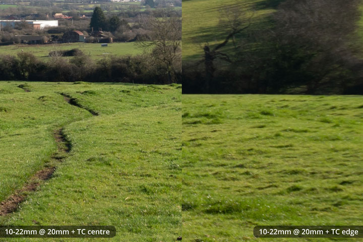 Centre and edge crops taken with EF-S 10-22mm lens converted to EF mount on full frame camera with Kenko C-AF 1.4x DGX Teleconverter at 20mm