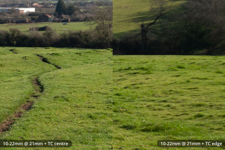 Centre and edge crops taken with EF-S 10-22mm lens converted to EF mount on full frame camera with Kenko C-AF 1.4x DGX Teleconverter at 21mm