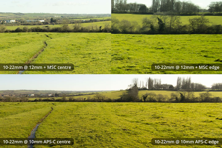 EF-S 10-22mm converted to EF mount on full frame camera with Laowa Magic Shift Converter at 12mm versus on APS-C at 10mm