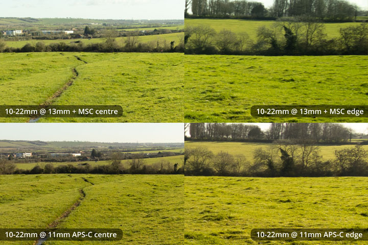 EF-S 10-22mm converted to EF mount on full frame camera with Laowa Magic Shift Converter at 13mm versus on APS-C at 11mm