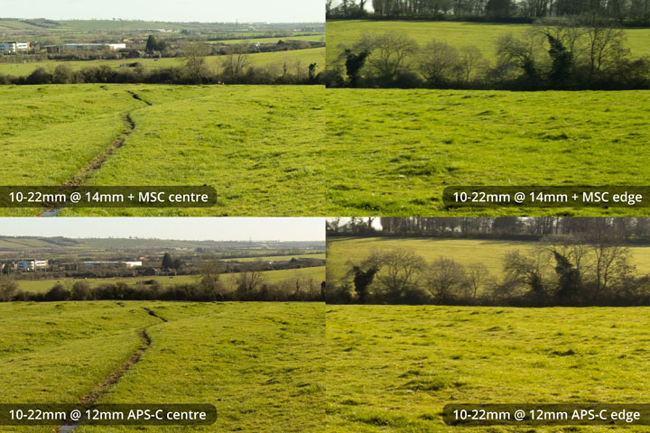 EF-S 10-22mm converted to EF mount on full frame camera with Laowa Magic Shift Converter at 14mm versus on APS-C at 12mm