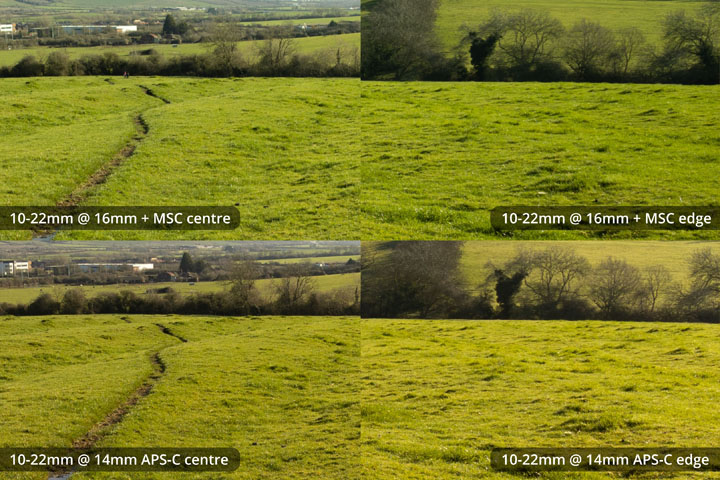 EF-S 10-22mm converted to EF mount on full frame camera with Laowa Magic Shift Converter at 16mm versus on APS-C at 14mm