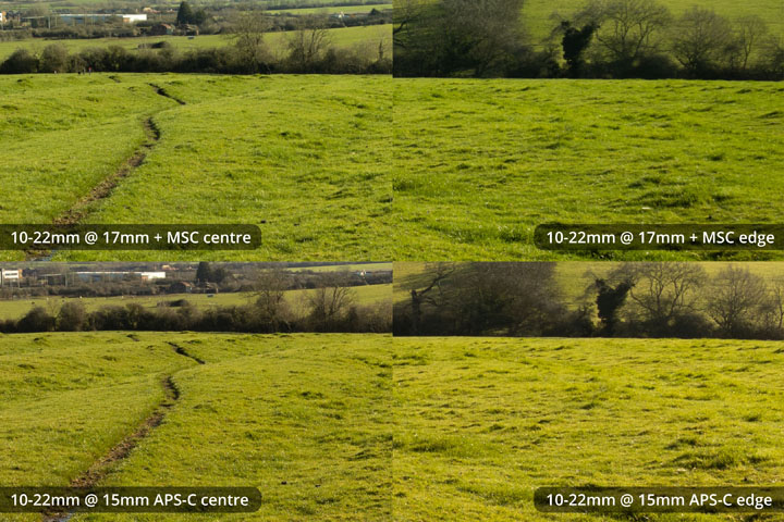 EF-S 10-22mm converted to EF mount on full frame camera with Laowa Magic Shift Converter at 17mm versus on APS-C at 15mm