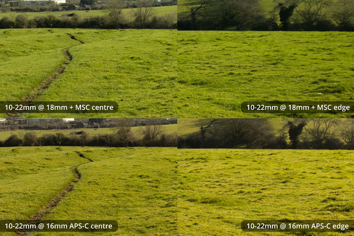 EF-S 10-22mm converted to EF mount on full frame camera with Laowa Magic Shift Converter at 18mm versus on APS-C at 16mm