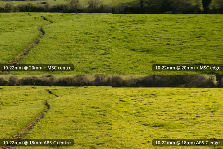 EF-S 10-22mm converted to EF mount on full frame camera with Laowa Magic Shift Converter at 20mm versus on APS-C at 18mm