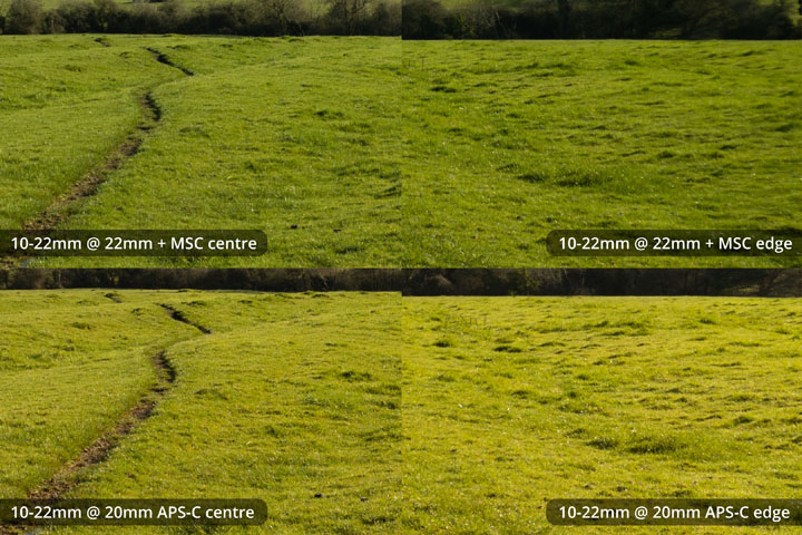 EF-S 10-22mm converted to EF mount on full frame camera with Laowa Magic Shift Converter at 22mm versus on APS-C at 20mm