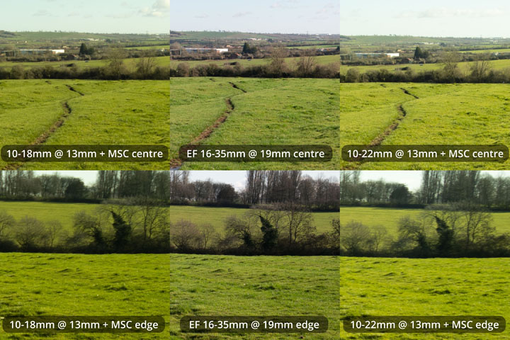 EF-S 10-18mm and 10-22mm lenses converted to EF mount on full frame camera with Laowa Magic Shift Converter at 13mm versus EF 16-35mm lens at 19mm