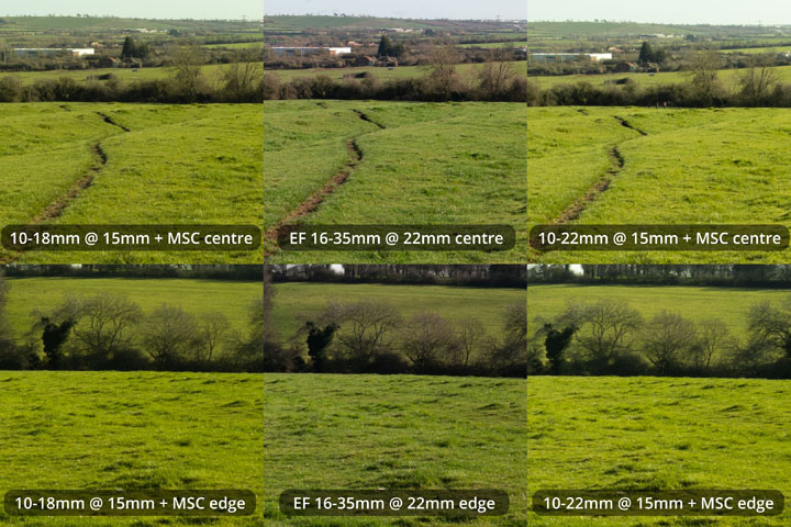 EF-S 10-18mm and 10-22mm lenses converted to EF mount on full frame camera with Laowa Magic Shift Converter at 15mm versus EF 16-35mm lens at 22mm