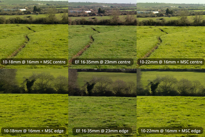 EF-S 10-18mm and 10-22mm lenses converted to EF mount on full frame camera with Laowa Magic Shift Converter at 16mm versus EF 16-35mm lens at 23mm