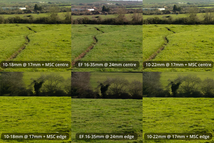 EF-S 10-18mm and 10-22mm lenses converted to EF mount on full frame camera with Laowa Magic Shift Converter at 17mm versus EF 16-35mm lens at 24mm