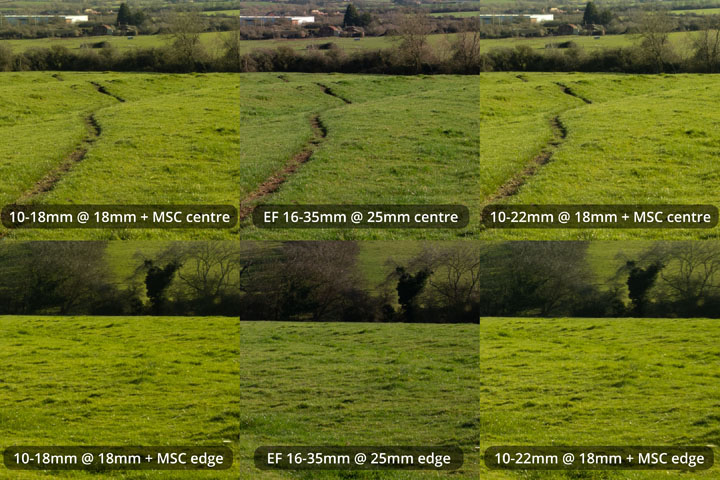 EF-S 10-18mm and 10-22mm lenses converted to EF mount on full frame camera with Laowa Magic Shift Converter at 18mm versus EF 16-35mm lens at 25mm