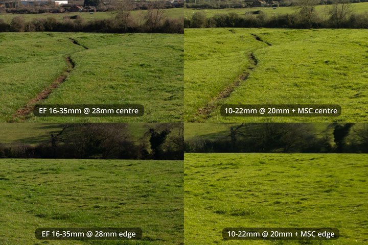 EF-S 10-22mm converted to EF mount on full frame camera with Laowa Magic Shift Converter at 20mm versus EF 16-35mm lens at 28mm
