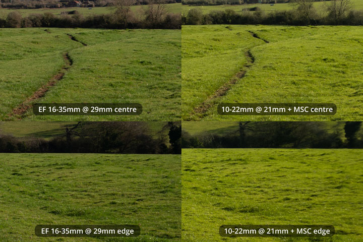 EF-S 10-22mm converted to EF mount on full frame camera with Laowa Magic Shift Converter at 21mm versus EF 16-35mm lens at 29mm