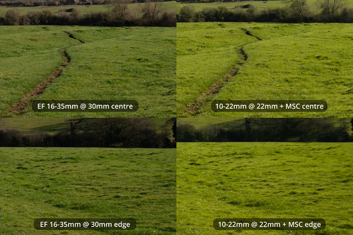 EF-S 10-22mm converted to EF mount on full frame camera with Laowa Magic Shift Converter at 22mm versus EF 16-35mm lens at 30mm