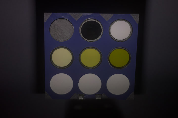 Ultraviolet photo of test target taken with Godox AD200 Pro standard head (no Fresnel and front glass replaced with sunbed acrylic), 1/32+1/3 power, ISO 400