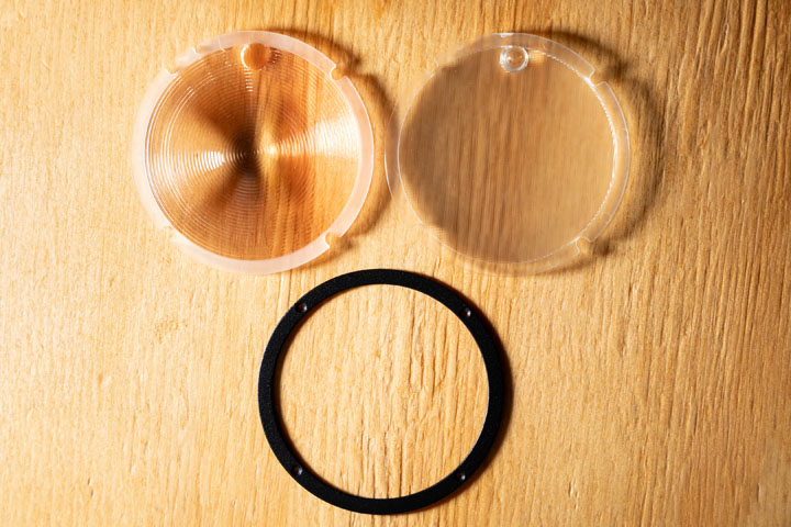 The Fresnel, Diffusion plastic, and retaining ring removed from Godox AD100 flash