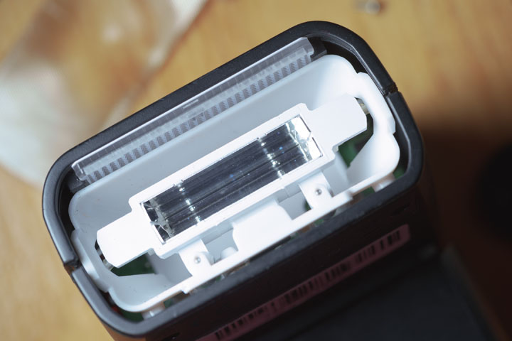 Godox TT350 bare flash head after removing the UV-blocking Fresnel lens