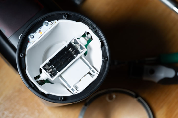 Godox V1 with Fresnel lens, diffusion, and front retaining ring removed, showing the bare flash tube