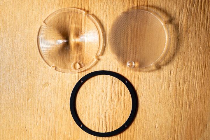 The Fresnel, Diffusion plastic, and retaining ring removed from Godox V1 flash
