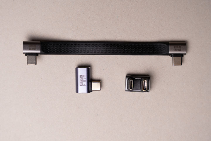 Top: right-angle to right-angle cable for NVMe caddy. Bottom: right-angle adapter and U adapter for plugging in USB dock/hub cable