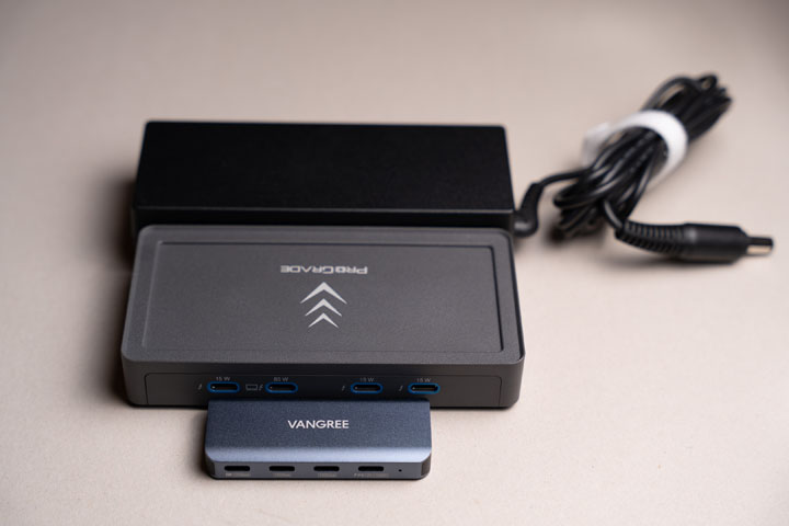 Size comparison of Vangree USB hub (front) and Prograde Thunderbolt hub with its required power supply