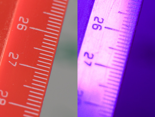 Crops of comparison images showing focus shift in Nikon 50mm f/1.4 D lens between visible and ultraviolet light