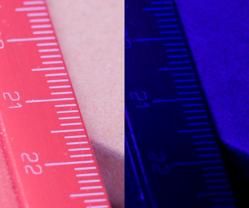 Crops of comparison images showing focus shift in Nikon 70-300mm f/4.5-5.6 VR lens between visible and ultraviolet light