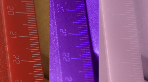 Crops of comparison images showing focus shift in EL-Nikkor 80mm f/5.6 lens between visible, ultraviolet, and infrared light