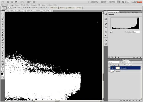 Threshold adjustment layer in Photoshop set to a threshold level of 255 (pure white)