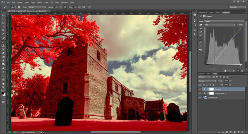 Kodak EIR / Aerochrome style digital photo of All Saints Church, Lubenham